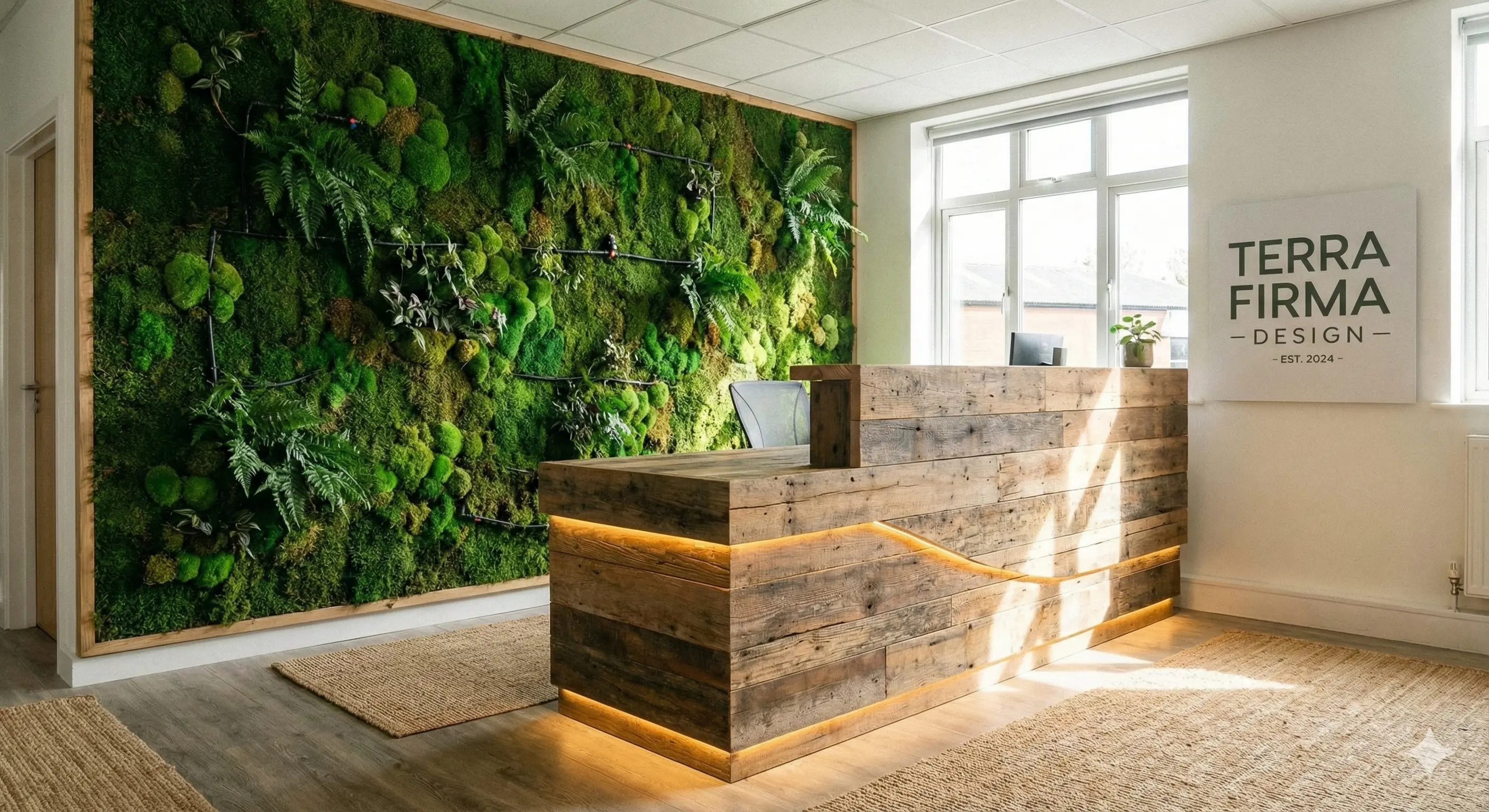 Office reception with green moss wall in Muscat