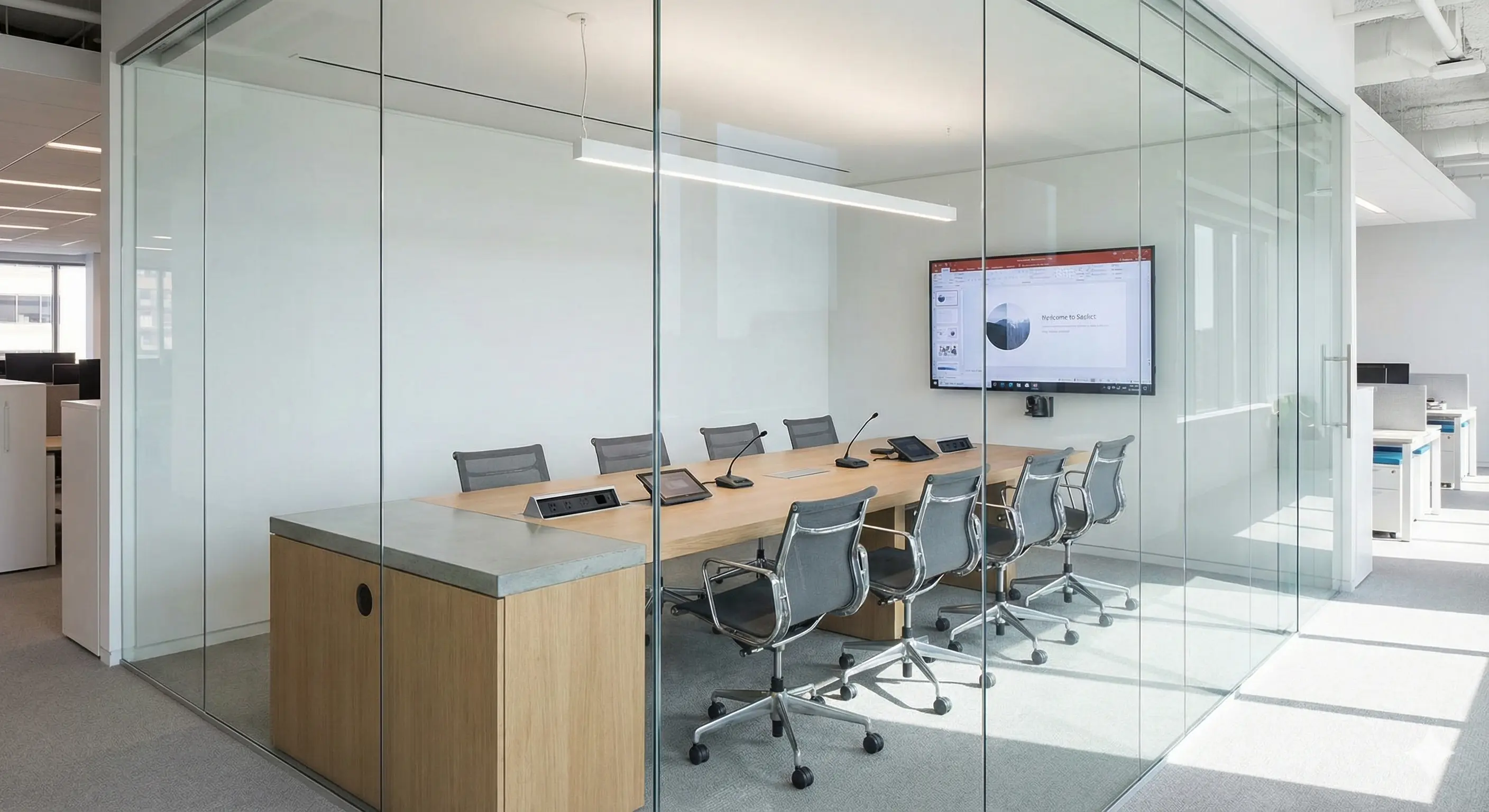Black framed glass partitions in a modern office