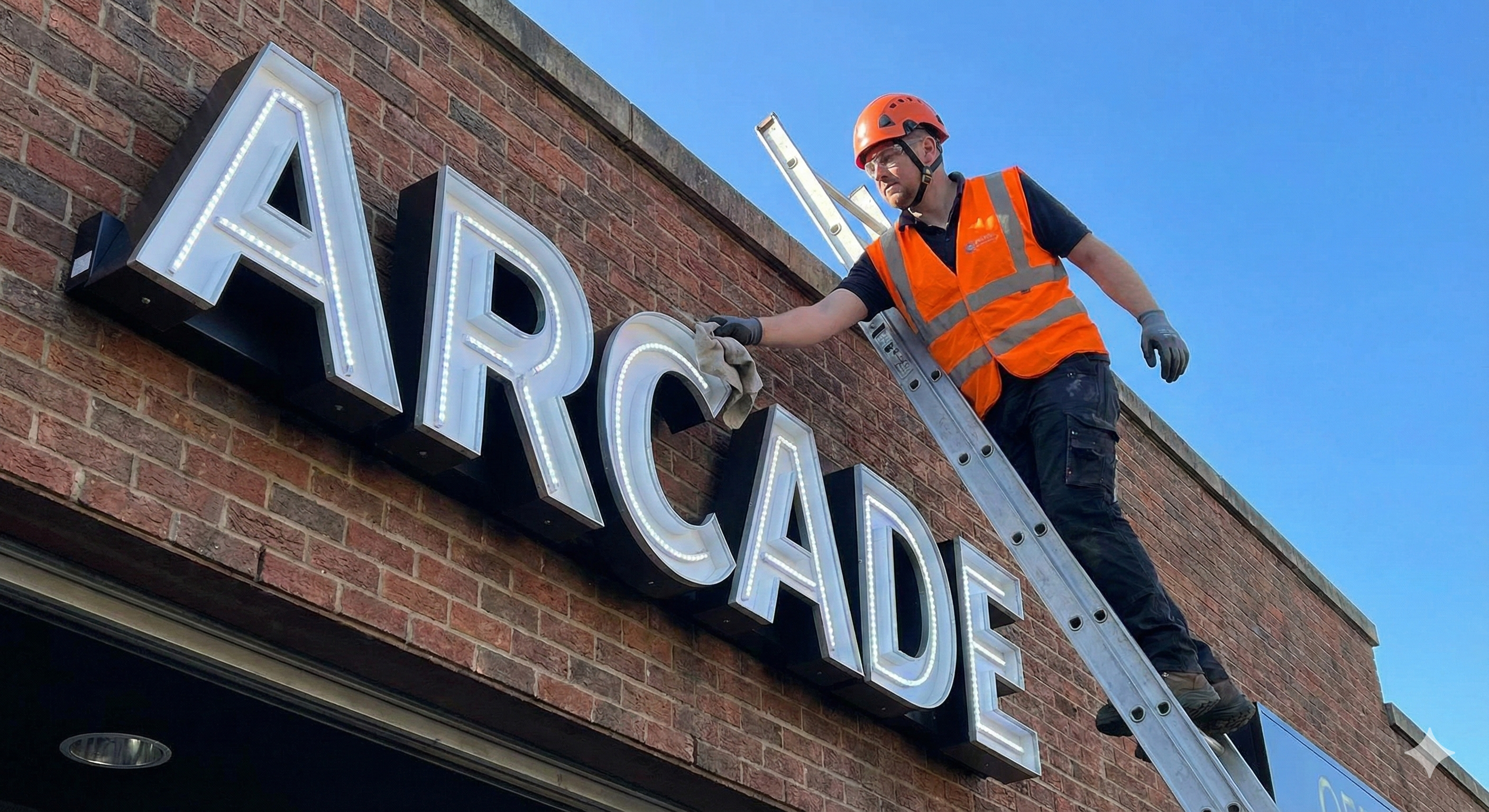 Technician cleaning a sign safely